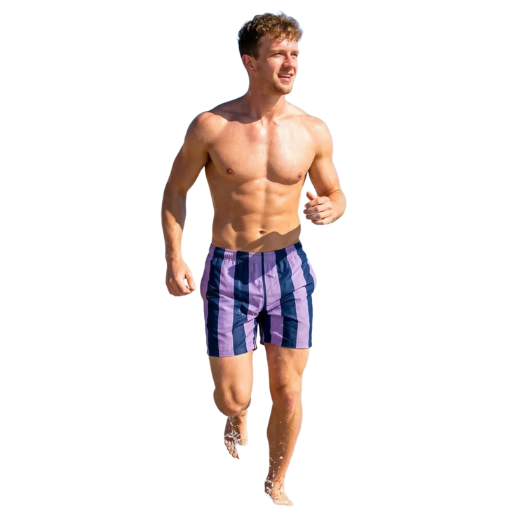 Violett gestreifte Herren Badeshorts mit UV-Schutz 50+, Stretch, in den Größen 2XS bis 6XL, von BUYATHOME24