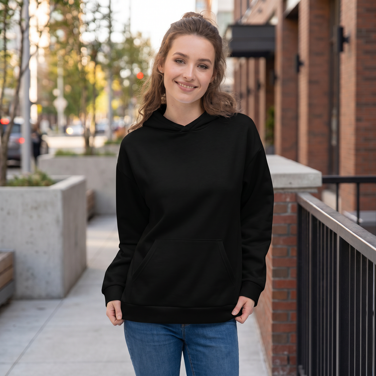 Schwarzer Unisex-Hoodie mit Allover-Print, langärmlig und bequem, in XS bis 3XL Größe, modisches Kapuzenpullover von BUYATHOME24