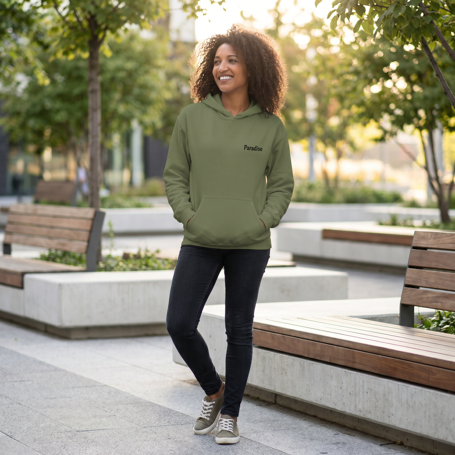 Generated lifestyle image for Unisex Grafik Hoodie aus Baumwollmix, S-5XL, mit Kordelzug