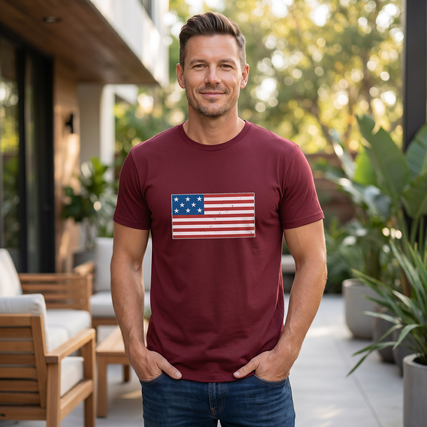 Graues unisex T-Shirt mit USA-Flagge Grafik aus Baumwolle, bedruckbar, erhältlich in S bis 5XL, von BUYATHOME24.