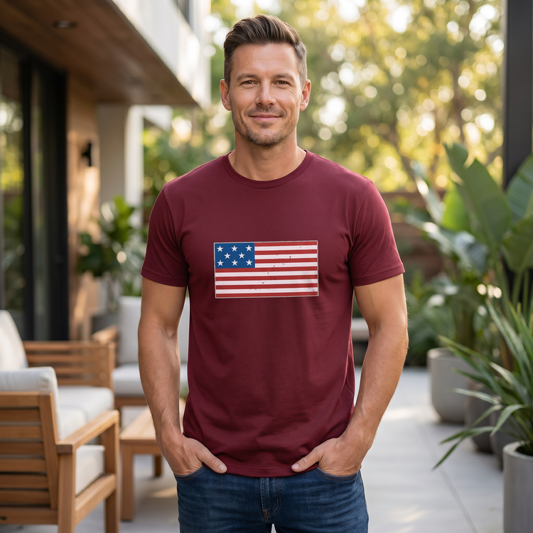 Graues unisex T-Shirt mit USA-Flagge Grafik aus Baumwolle, bedruckbar, erhältlich in S bis 5XL, von BUYATHOME24.
