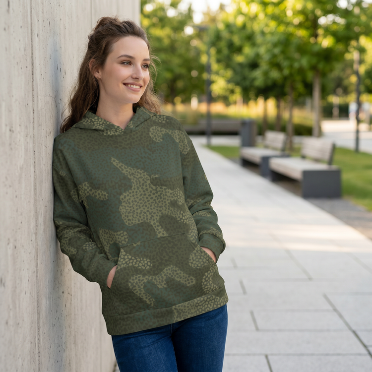 Grüner Camouflage Damen Hoodie mit Rückenprint, Kapuzenpullover in XS-3XL, bequemer Freizeitlook von BUYATHOME24
