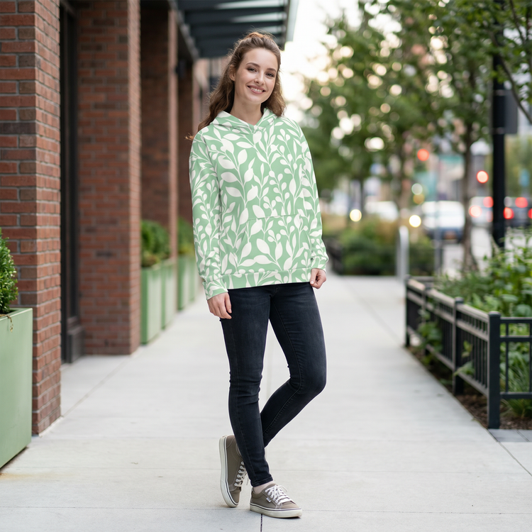 Damen Hoodie mit Blattmuster und Rückenprint, BUYATHOME24, in XS bis 3XL, bequemer Kapuzenpullover aus weichem Material.