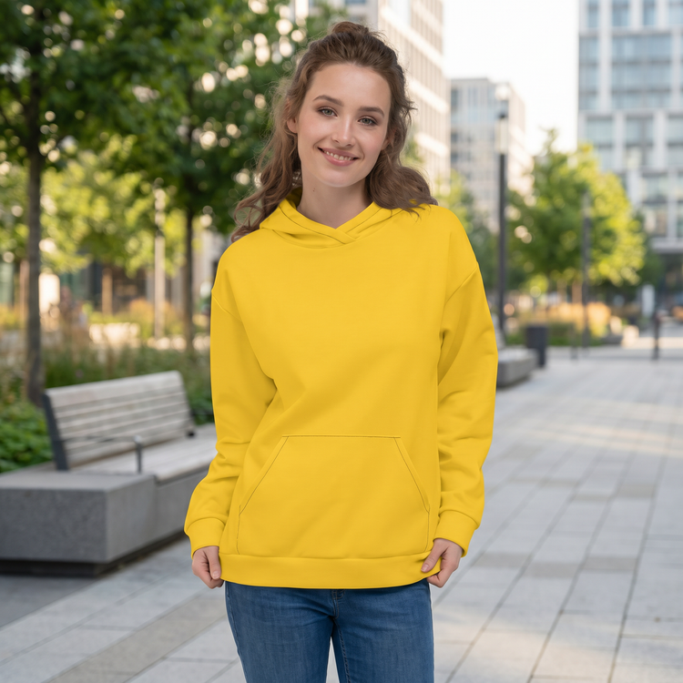 Gelber Unisex Hoodie mit Allover-Print, bequemes Kapuzenpullover in XS bis 3XL, modischer Hoodie von BUYATHOME24