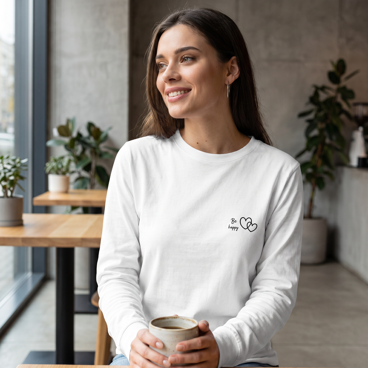 Be Happy Damen Sweatshirt aus Baumwolle, bedruckbar, in XS bis 2XL, bequemer Damen Pullover von BUYATHOME24