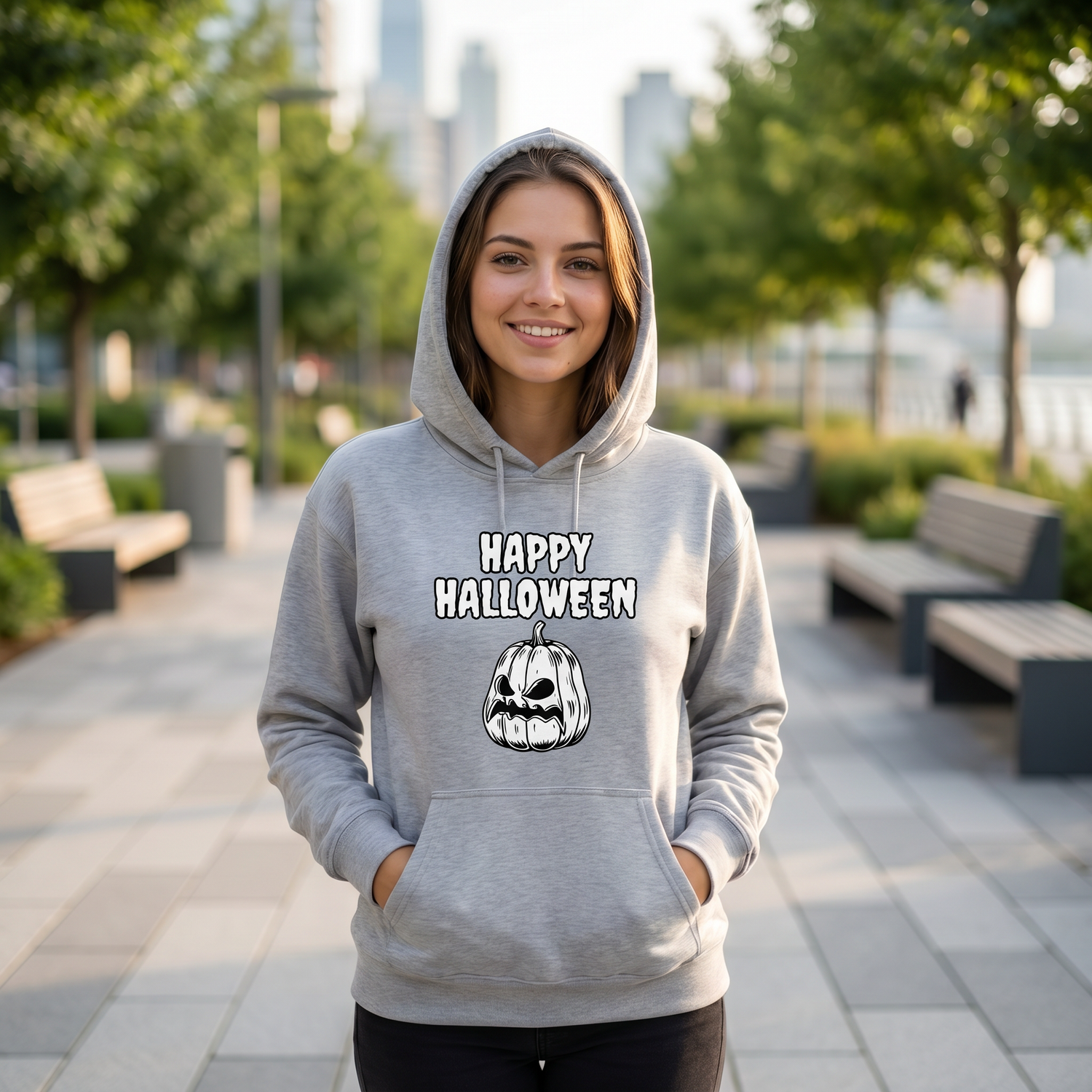 Grauer Halloween-Kinderhoodie aus Baumwolle mit gruseligem Druck, Unisex Kapuzenpullover für Kinder 4-12 Jahre