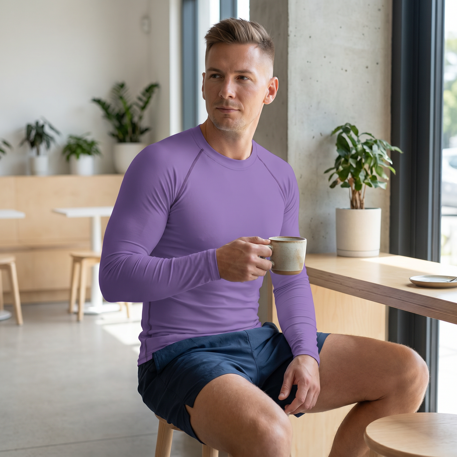 Violett sportliches Herren Langarmshirt mit 4-Wege-Stretch, bedruckbar, in XS bis 3XL, unisex, von BUYATHOME24