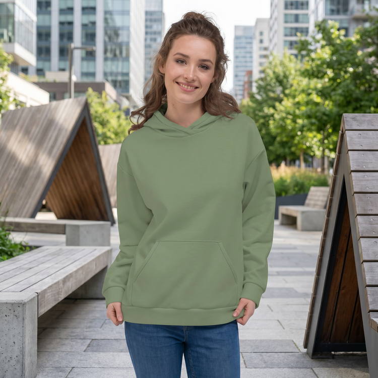 Olivengrüner Unisex Hoodie mit Allover-Print, bequemer Kapuzenpullover in XS bis 3XL, von BUYATHOME24.