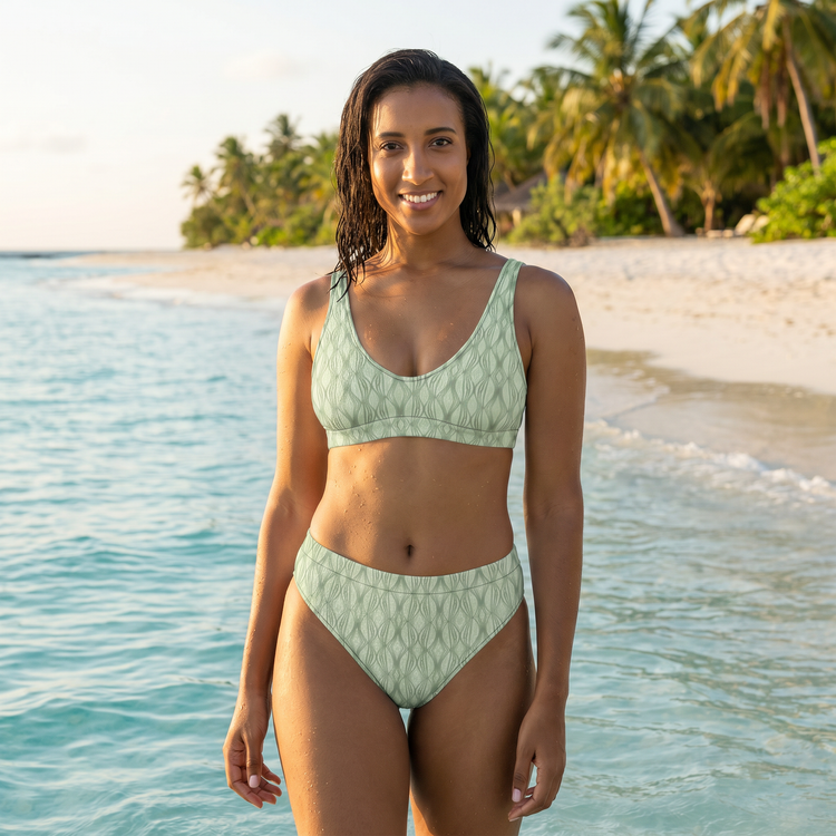 Damen Bikini von BUYATHOME24, schnelltrocknend mit Einlagen, in XS bis 3XL, zeigt das Bikini-Oberteil mit bunten Mustern.