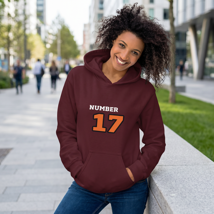 Grafik Damen Hoodie von BUYATHOME24, bedruckbar, Baumwolle, Kapuzenpullover, Damen, in den Größen S bis 5XL, mit Nummer 17 Design