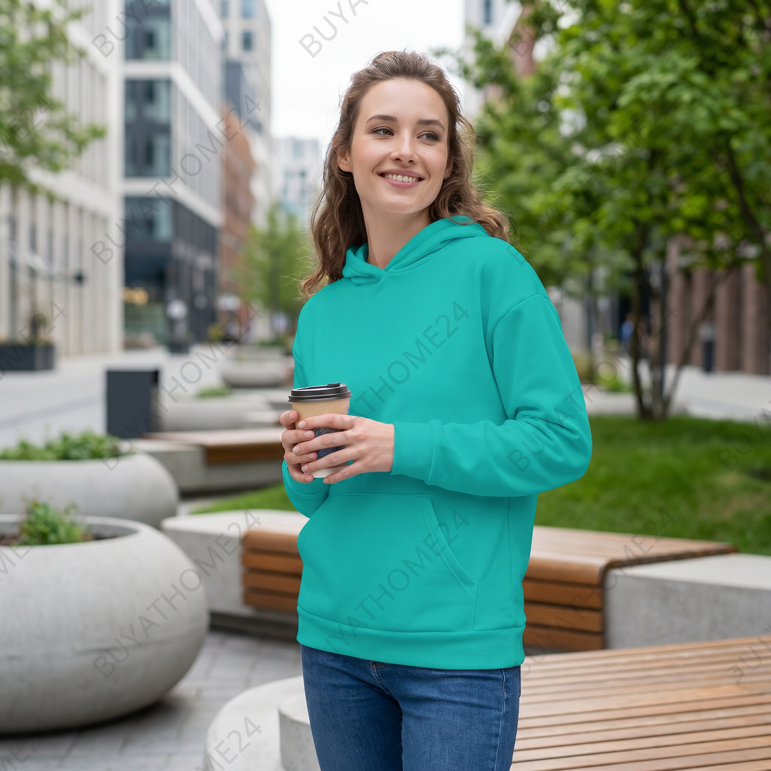 Unisex Türkis Hoodie mit Allover-Print, kuscheliges Kapuzenpullover in XS bis 3XL, bequem und modisch.