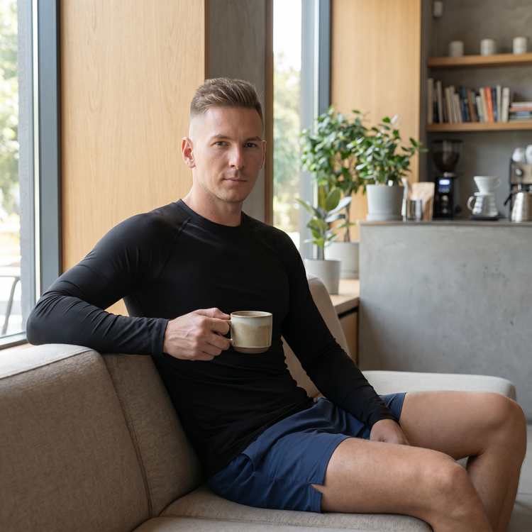 Schwarzes Herren-Sportshirt mit UV-Schutz, langarm, unisex, in den Größen XS bis 3XL, von BUYATHOME24