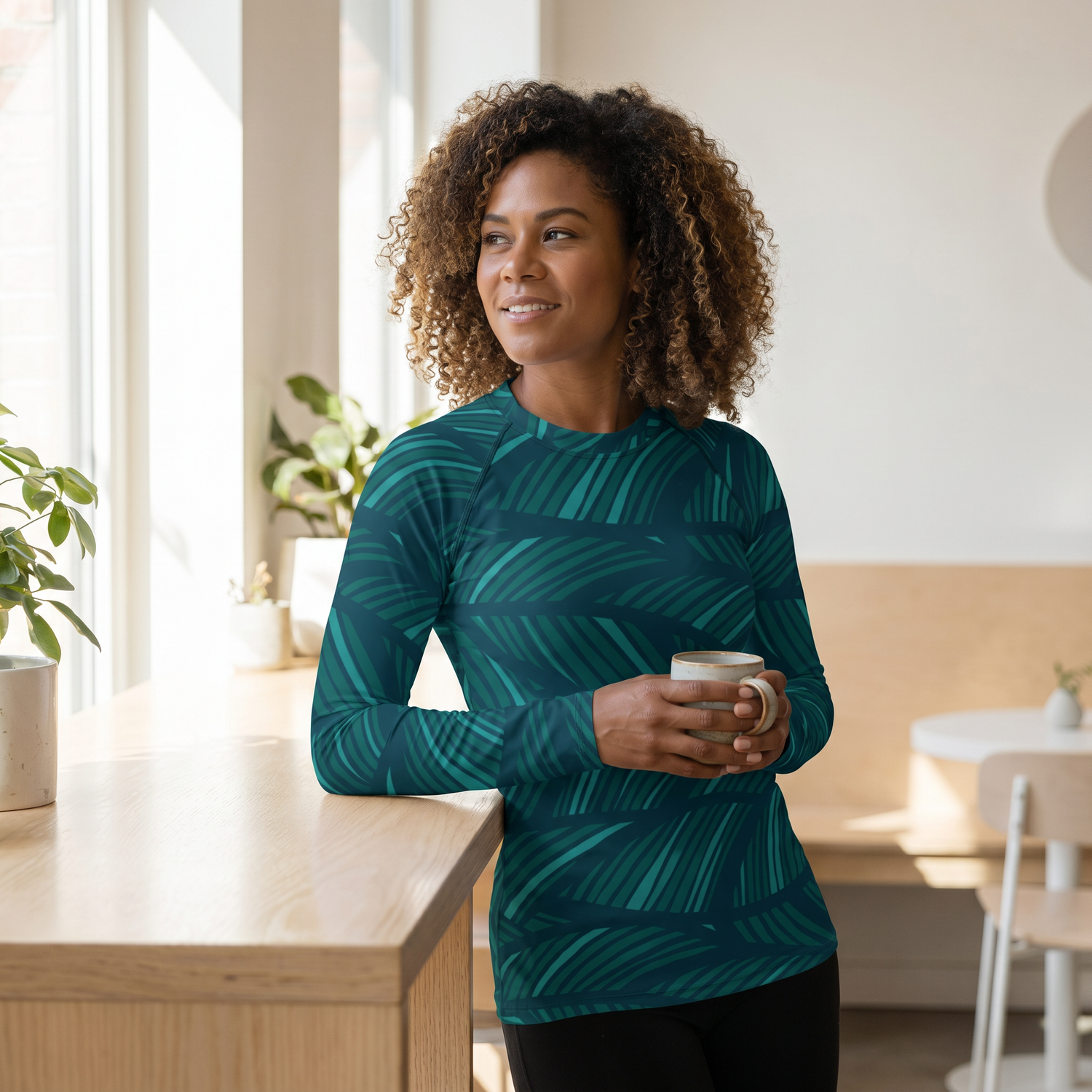Damen Sporttop mit Blattmuster, langärmeliges Polyester-Stretch-Sportshirt in XS bis 3XL, bequem und atmungsaktiv