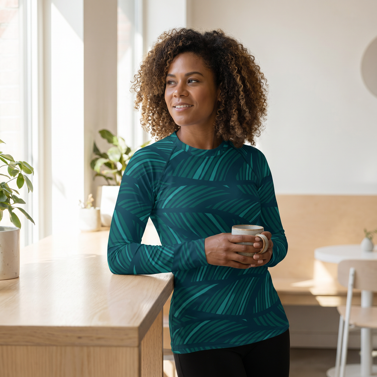 Damen Sporttop mit Blattmuster, langärmeliges Polyester-Stretch-Sportshirt in XS bis 3XL, bequem und atmungsaktiv