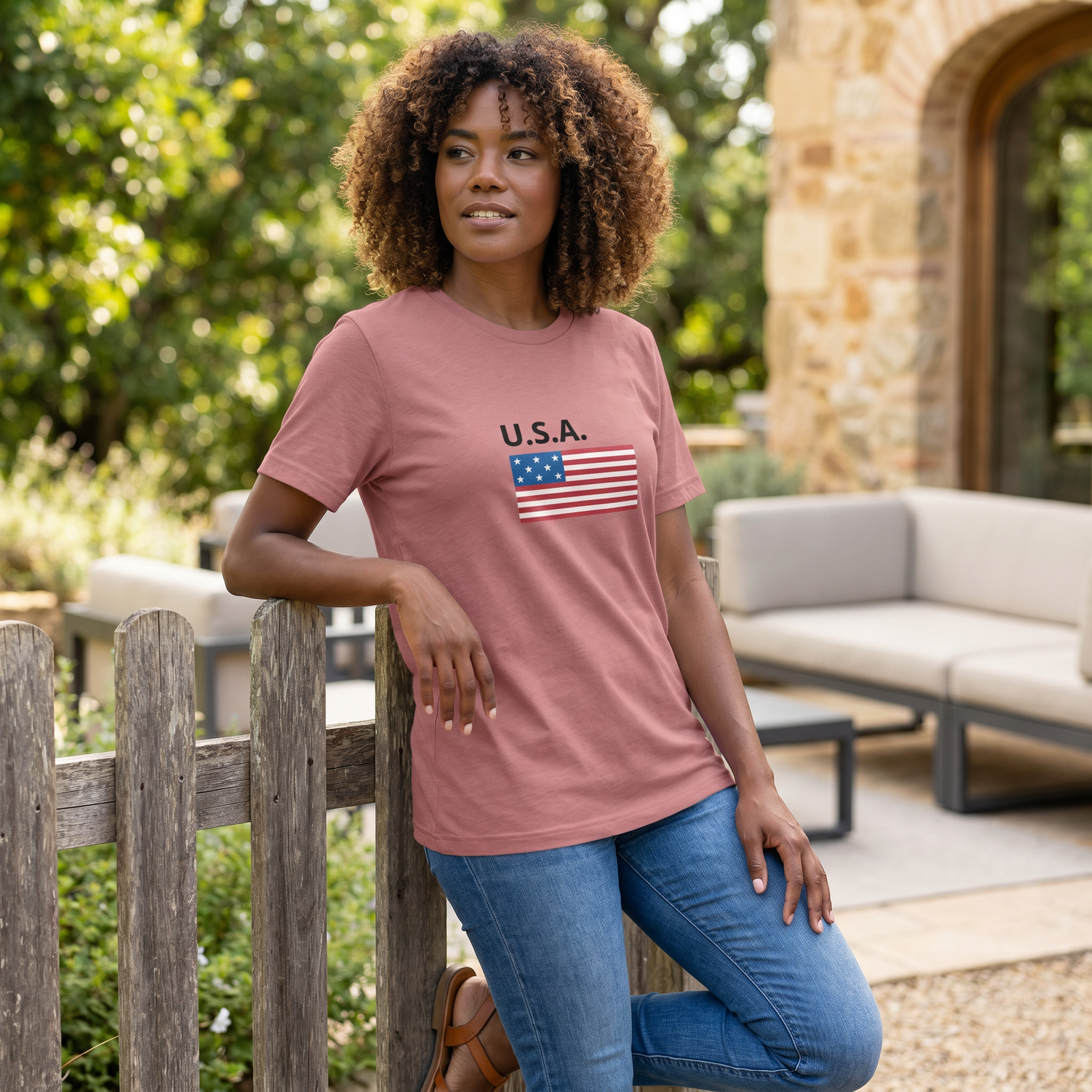 Damen T-Shirt mit USA-Flagge Grafik aus Baumwolle, rundhals, bedruckbar, in S bis 3XL, von BUYATHOME24