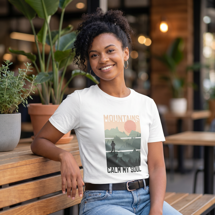 Damen T-Shirt mit Bergmotiv, kurzärmelig, Baumwolle, Rundhalsausschnitt, Grafikdesign in verschiedenen Größen, outdoor Stil