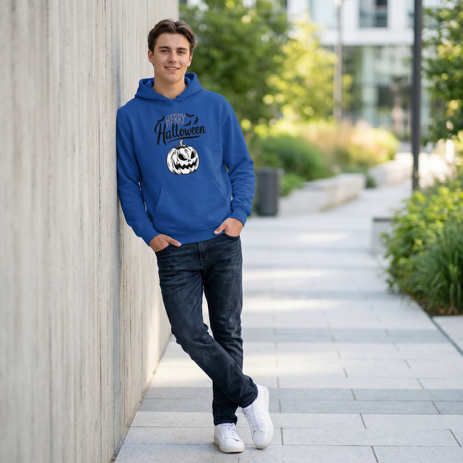 Blaue und weiße Kinder Halloween Hoodie aus 100% Baumwolle, Unisex, in XS bis XL, mit Halloween-Motiv, von BUYATHOME24