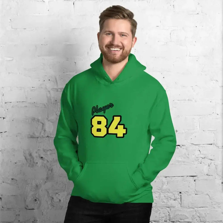 Grauer Herren- und Damen-Hoodie mit Player 84 Grafik, Baumwolle, unisex, in S-5XL, von BUYATHOME24, mit irischem Grün Design