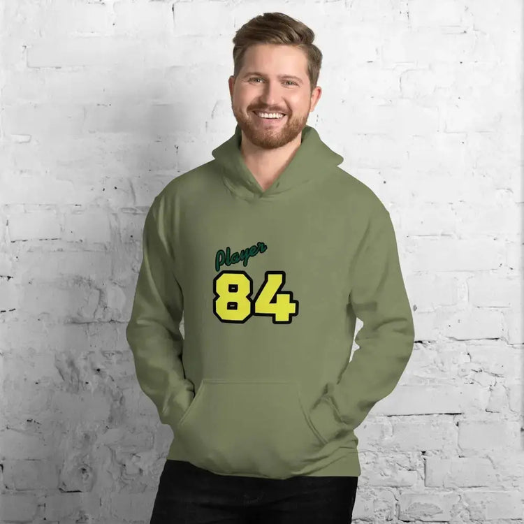 Grauer unisex Hoodie mit Player 84 Grafik, Baumwolle, langärmelig, für Herren und Damen in S-5XL, von BUYATHOME24.
