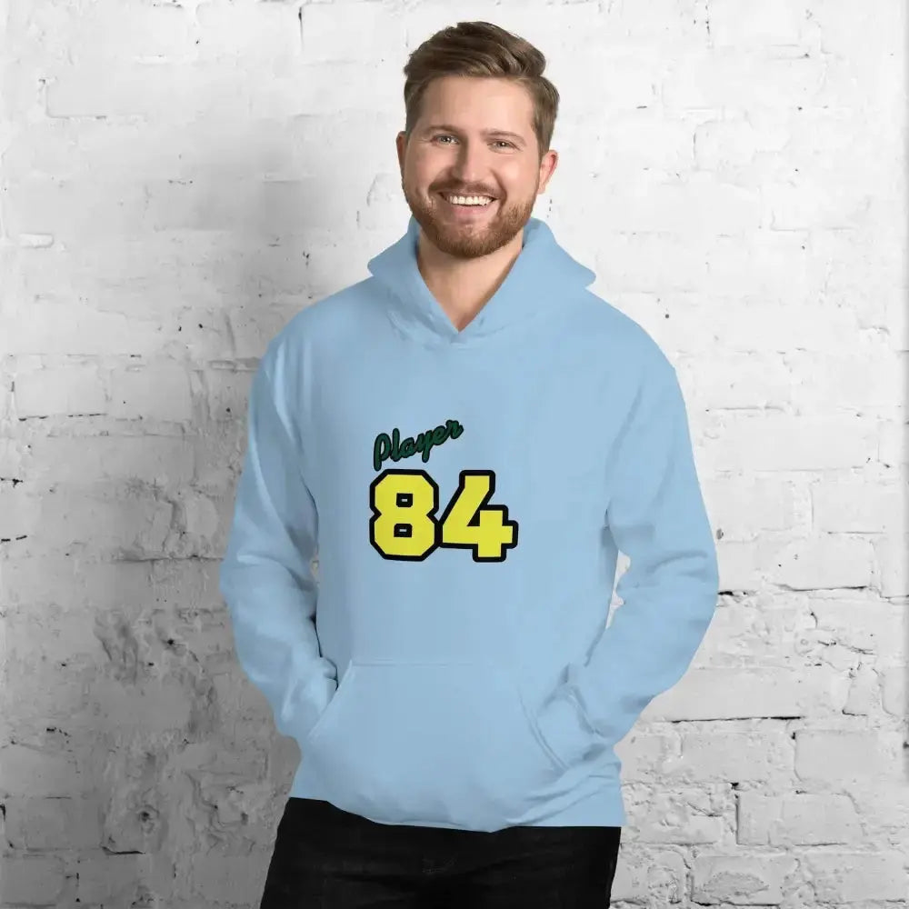 Hellblauer unisex Hoodie mit Player 84 Grafik, Baumwolle, für Herren und Damen, Größe S bis 5XL, von BUYATHOME24.