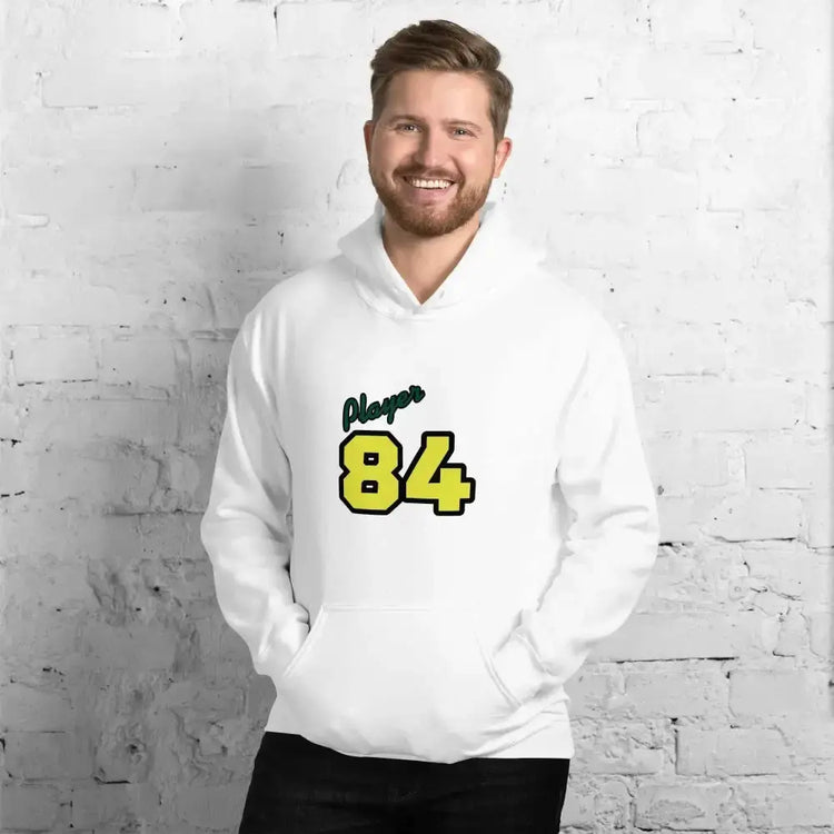 Grauer unisex Hoodie mit Player 84 Grafik, Baumwolle, in S-5XL, bequemes Kapuzenpullover für Herren und Damen.