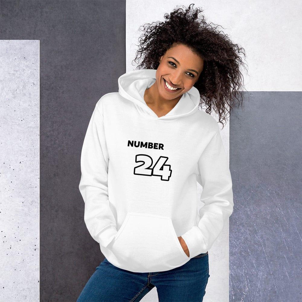 Weißer Damen Hoodie mit Grafik-Design, Baumwolle, von BUYATHOME24, in Größe S bis 5XL, bedruckbar, bequem und modisch.