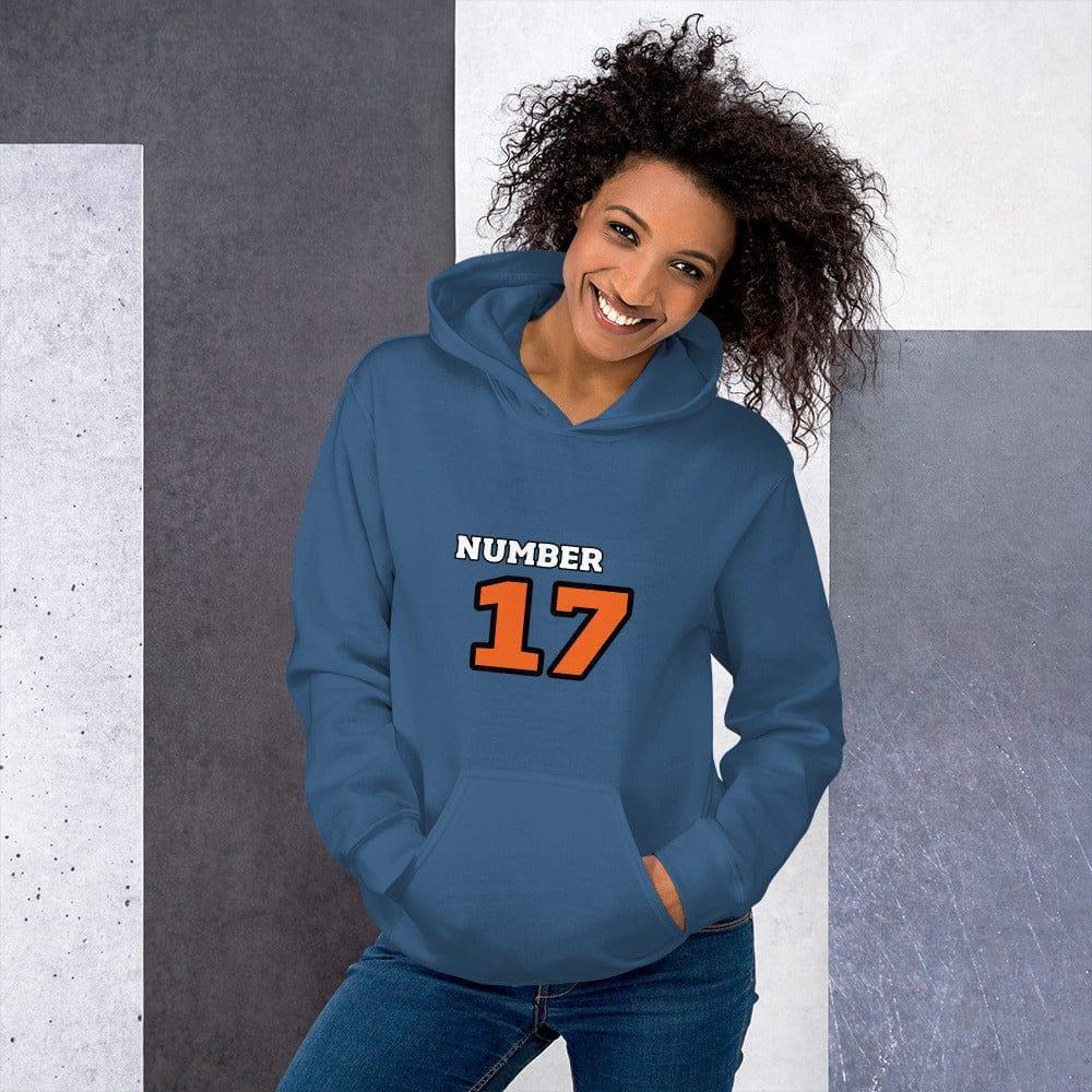 Indigoblauer Damen-Grafik-Hoodie von BUYATHOME24, bedruckbar, aus Baumwolle, in S-5XL, mit auffälligem Druck vorne.