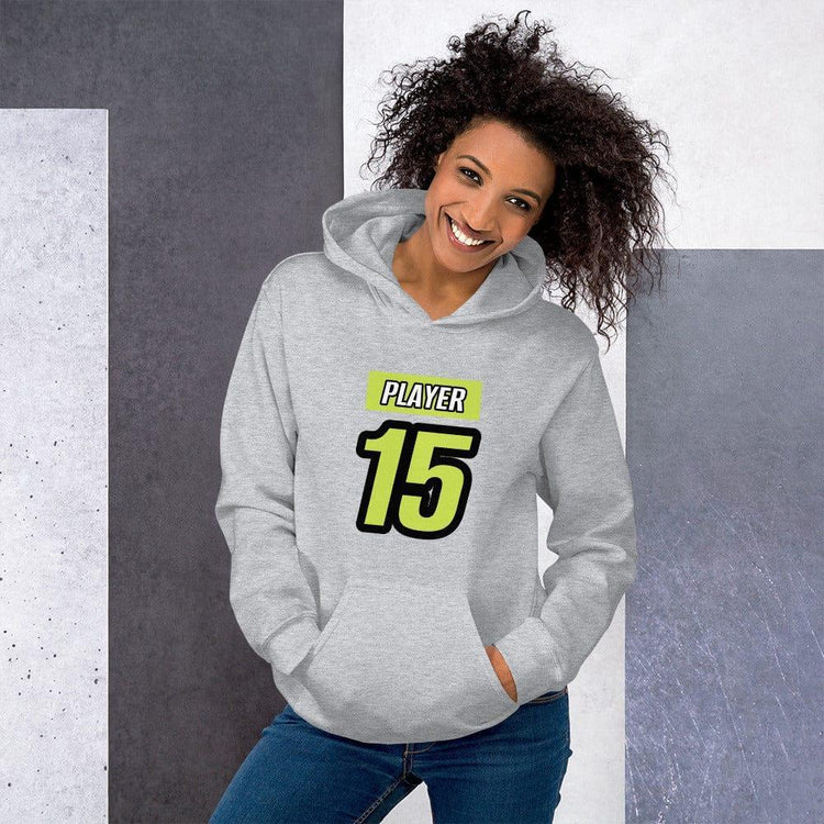 Grauer Damen Hoodie mit Grafik von BUYATHOME24, bedruckbar, Baumwolle, Größen S bis 5XL, sportliches Design.