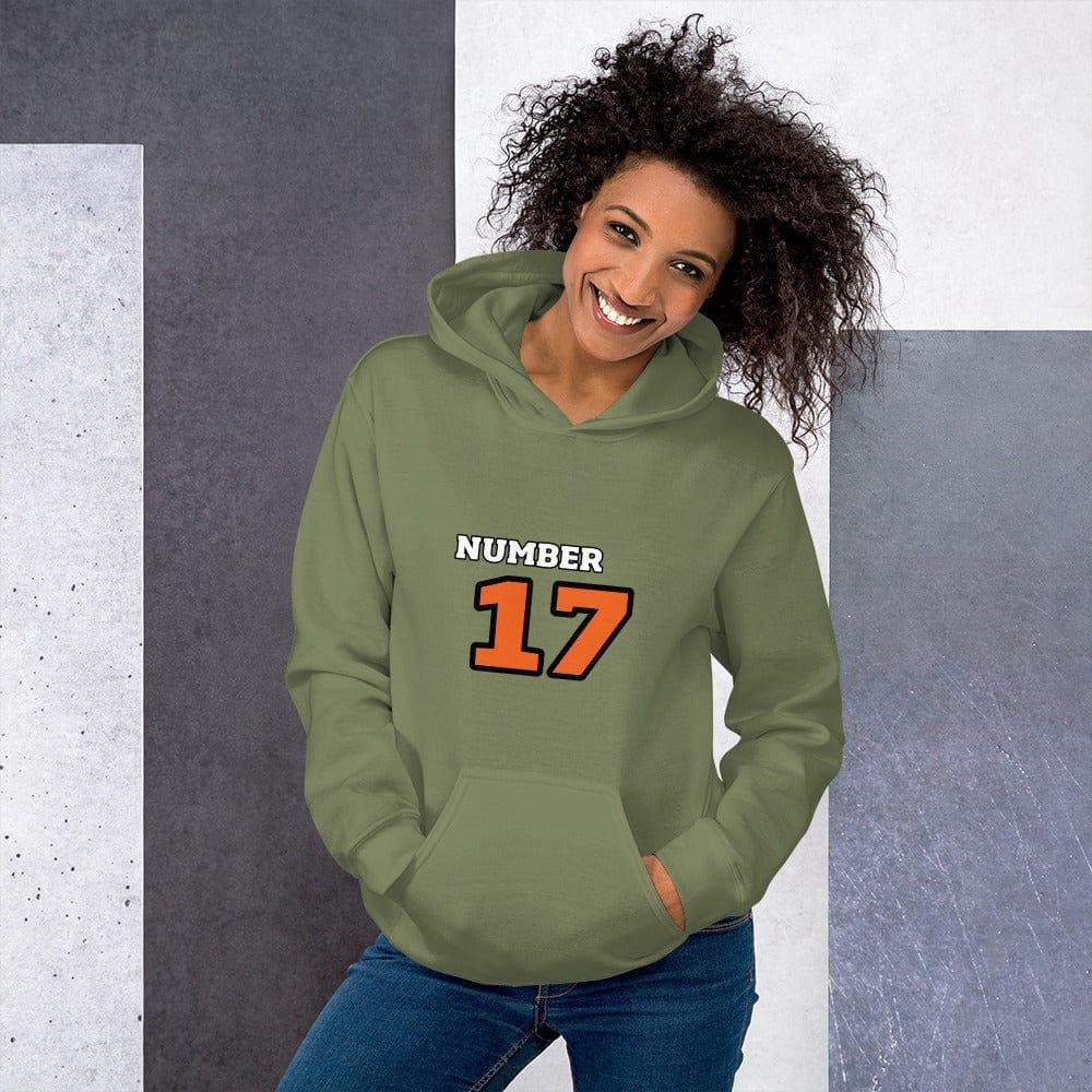 Grauer Damen Hoodie mit Nummer 17 Grafik, Baumwolle, bedruckbar, in S-5XL, bequemes Kapuzenpullover von BUYATHOME24