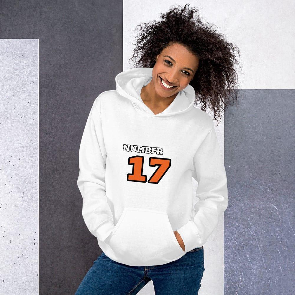 Weißer Damen Hoodie mit Nummer 17 Grafik, aus Baumwolle, bedruckbar, in S bis 5XL, von BUYATHOME24, bequem und stilvoll