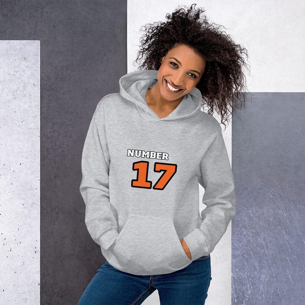 Grauer Damen Hoodie mit Nummer 17 Grafik, Baumwolle, bedruckbar, in S-5XL, von BUYATHOME24, sportlich und bequem