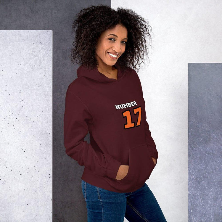 Grauer Damen-Hoodie mit Nummer 17 Grafik, Baumwolle, bequem, bedruckbar, in S bis 5XL, von BUYATHOME24.
