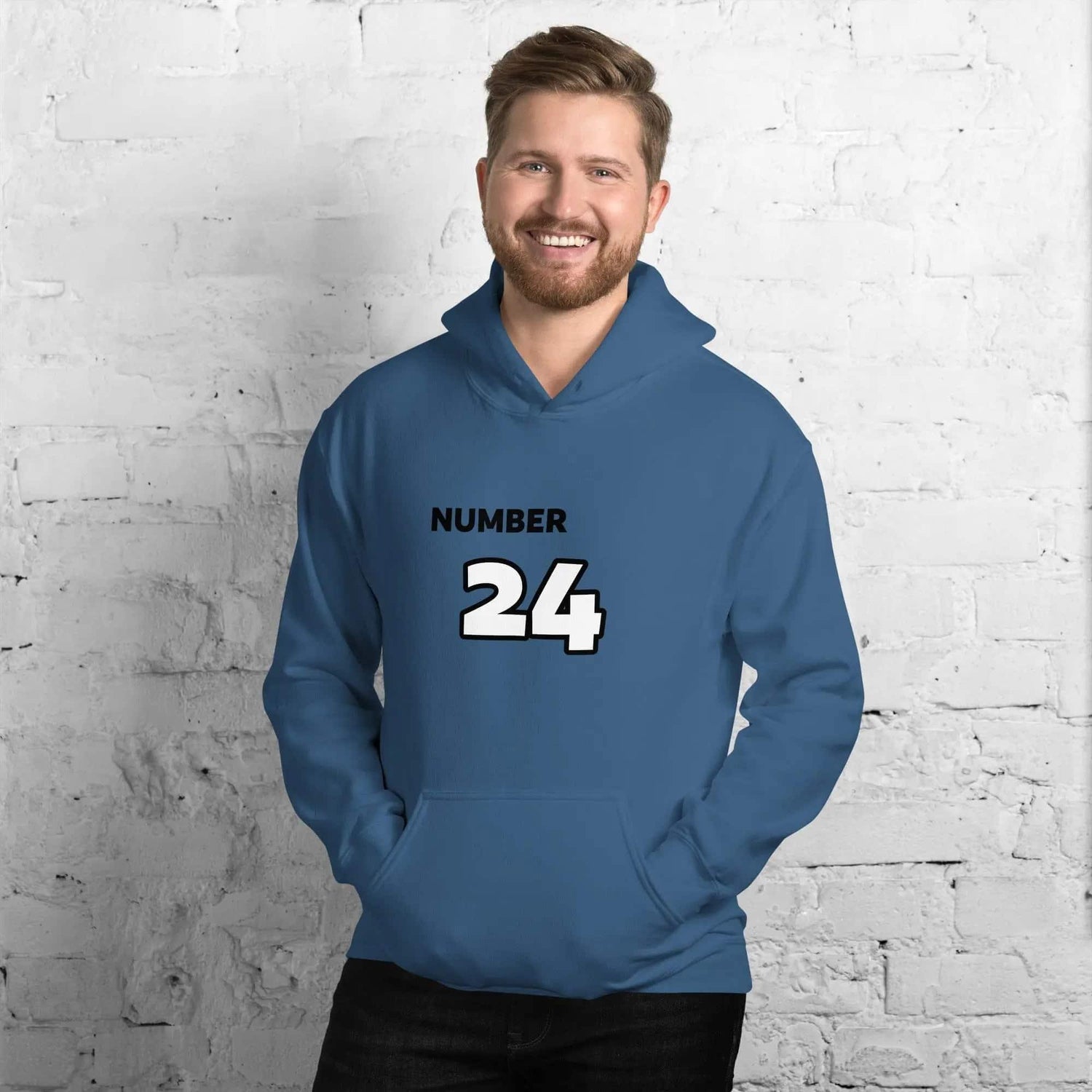 Grafik Kapuzenpullover Herren und Damen in Indigo Blau, Baumwolle, unisex, mit Nummer 24 Druck, Größen S bis 5XL.