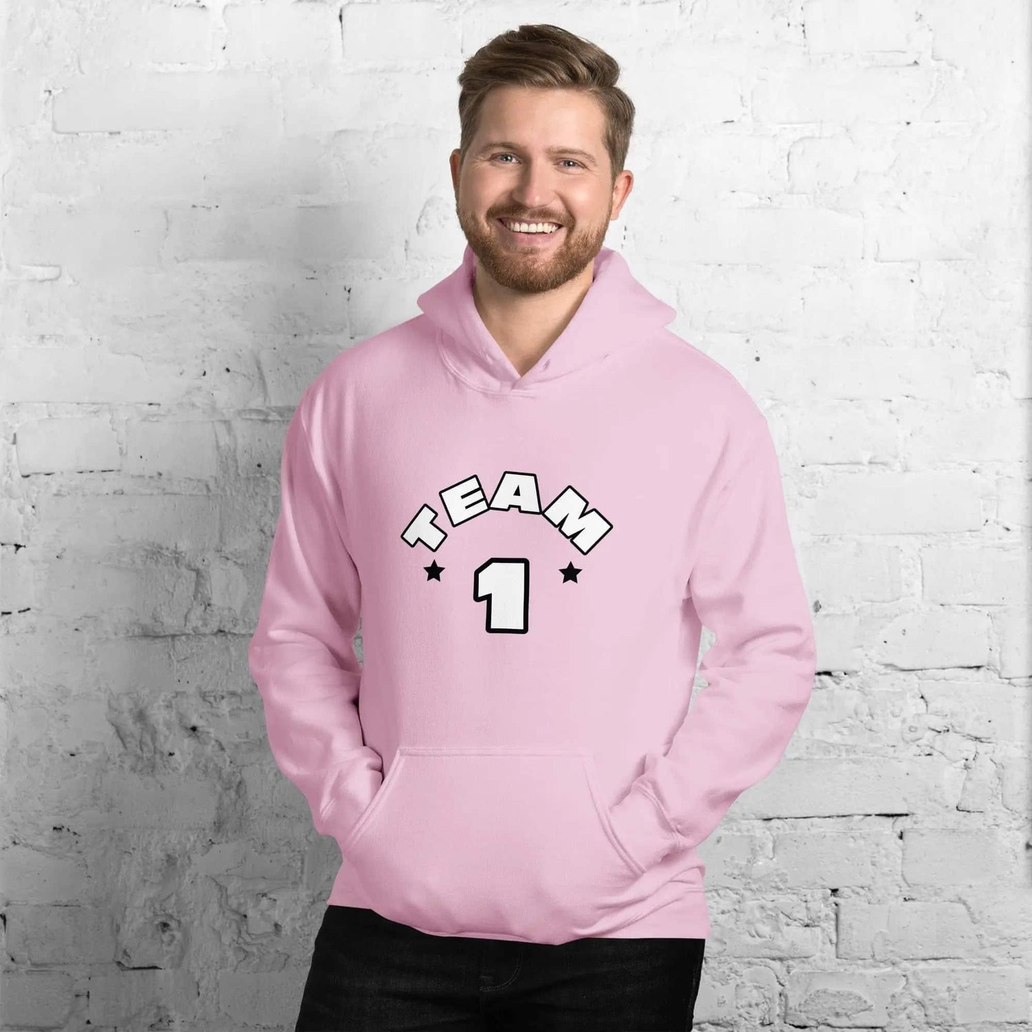 Herren- und Damen-Grafik-Hoodie von BUYATHOME24 in Hellpink, Baumwolle, unisex, mit Druck, erhältlich in S-5XL
