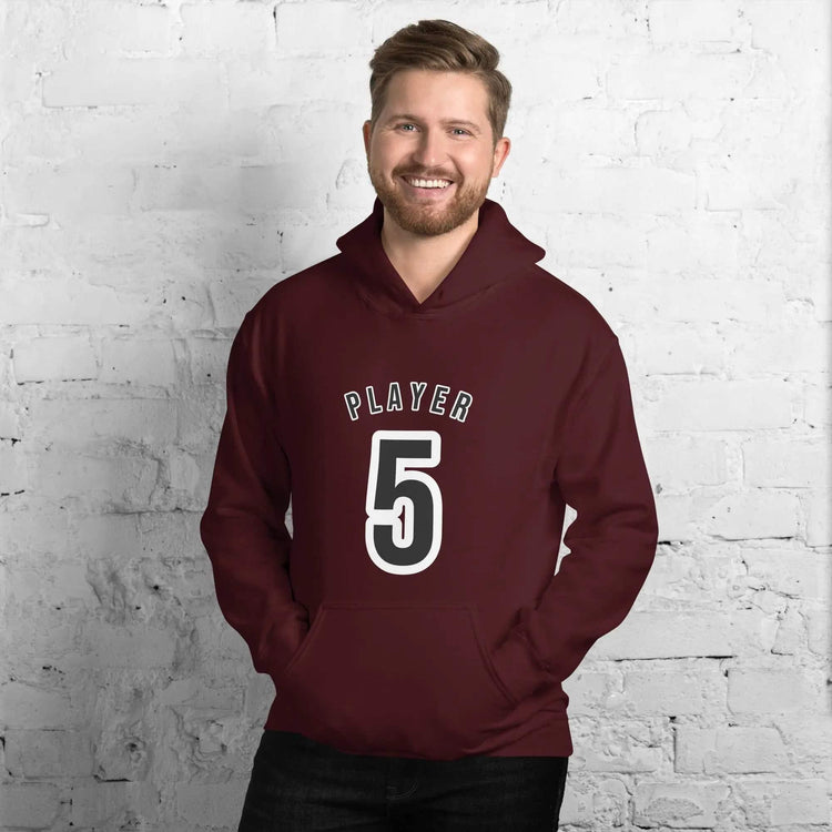 Grauer Herren- und Damen-Hoodie mit Player 5 Grafik, Baumwolle, unisex, in Größe S-5XL, bequem und stylisch.
