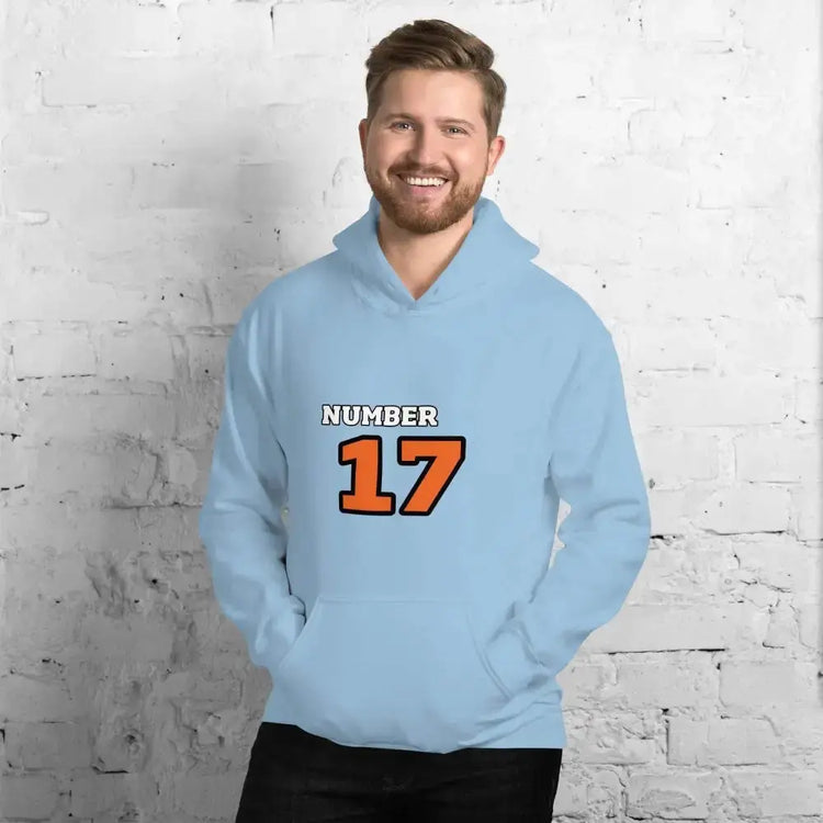 Hellblauer Herren- und Damen-Grafik-Hoodie von BUYATHOME24, Unisex Kapuzenpullover mit Nummer 17 Design, Baumwolle, S-5XL