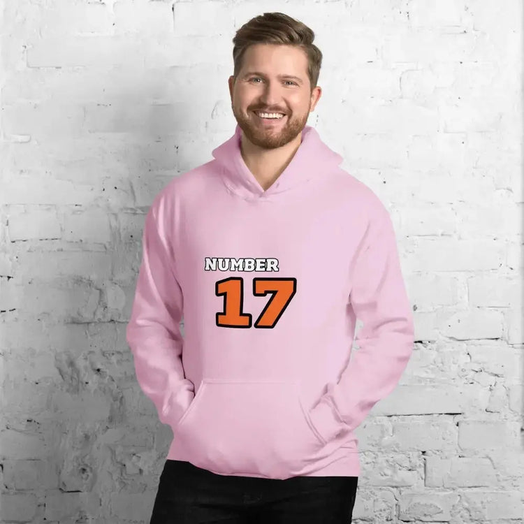 Grafik Herren- und Damen-Hoodie in Hellpink mit Nummer 17 Druck, Baumwolle, unisex, Größen S bis 5XL, von BUYATHOME24