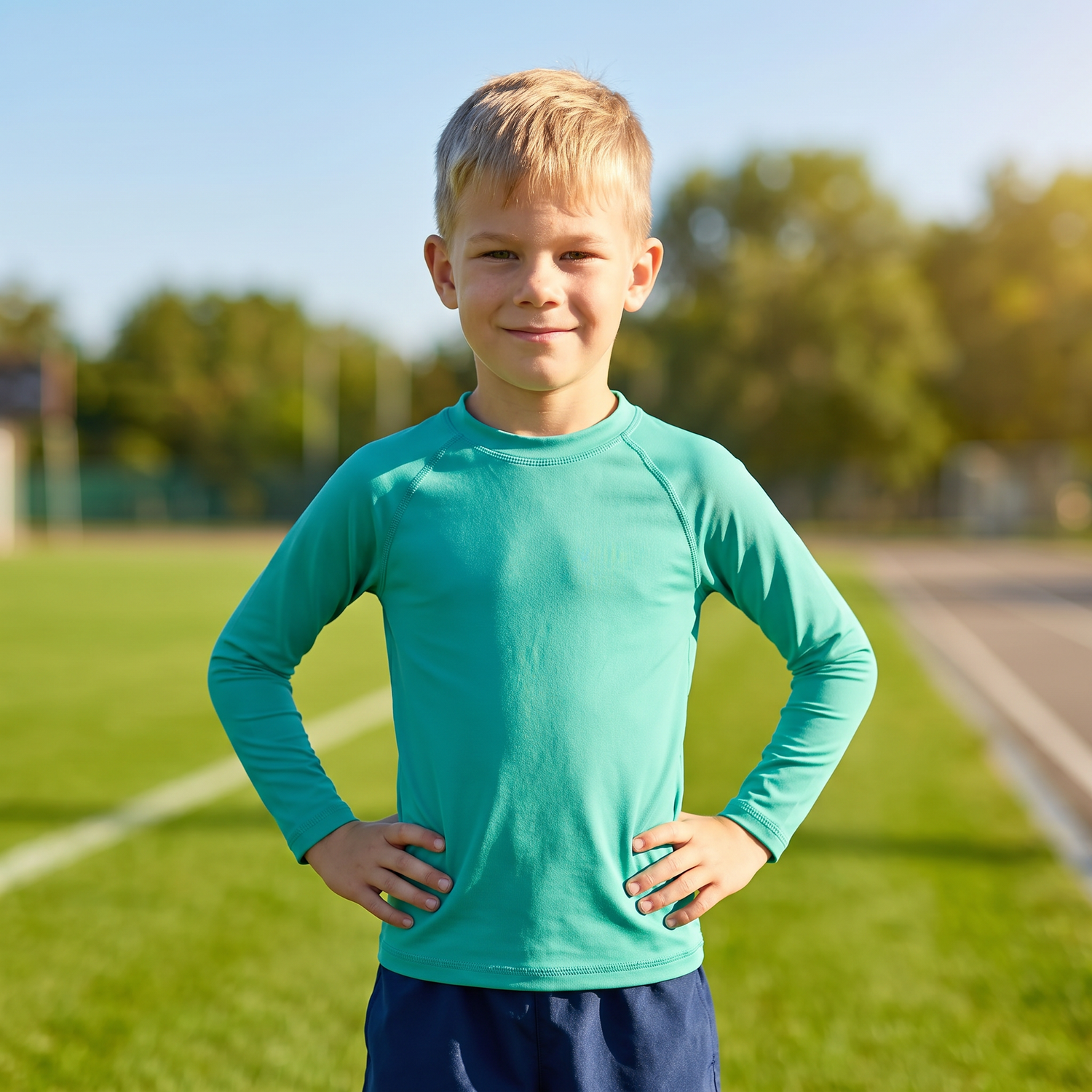 Kleines Kinder-Langarm-Sportshirt mit UV-Schutz und Elasthan, in verschiedenen Größen 92-128 cm, in fröhlichem Design.
