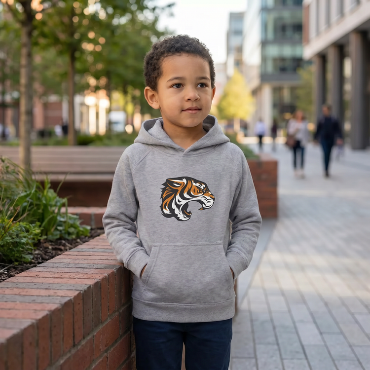 Unisex Kinder Hoodie mit Tiger-Grafik für Jungen und Mädchen, bequemer Kapuzenpullover für 4-12 Jahre, schwarz mit Tiger-Print.