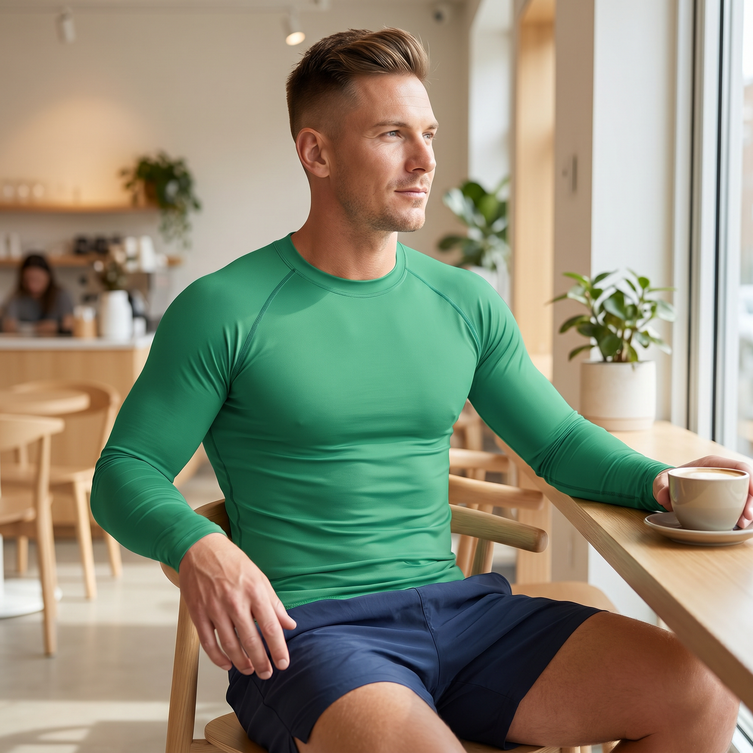Blaues Herren Langarm Sportshirt von BUYATHOME24, sportlich, atmungsaktiv, in XS-3XL, personalisierbar, ideal für Training und Freizeit.