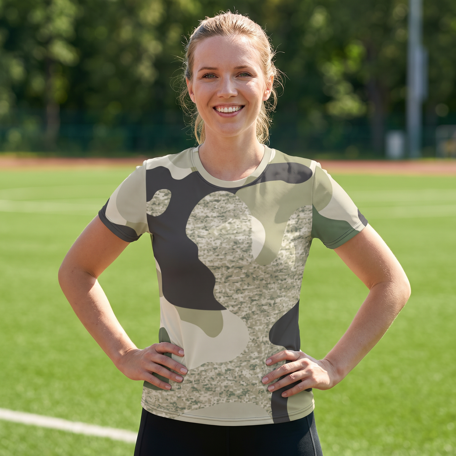 Damen Sportshirt von BUYATHOME24, handgenäht mit Vier-Wege-Stretch, in XS bis 2XL, sportlich und bequem auf dem Bild.