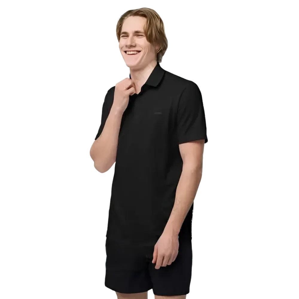 Adidas Unisex Poloshirt aus Polyester in Schwarz, atmungsaktives Kurzarm-Sportshirt, links vorne, bequem und sportlich.