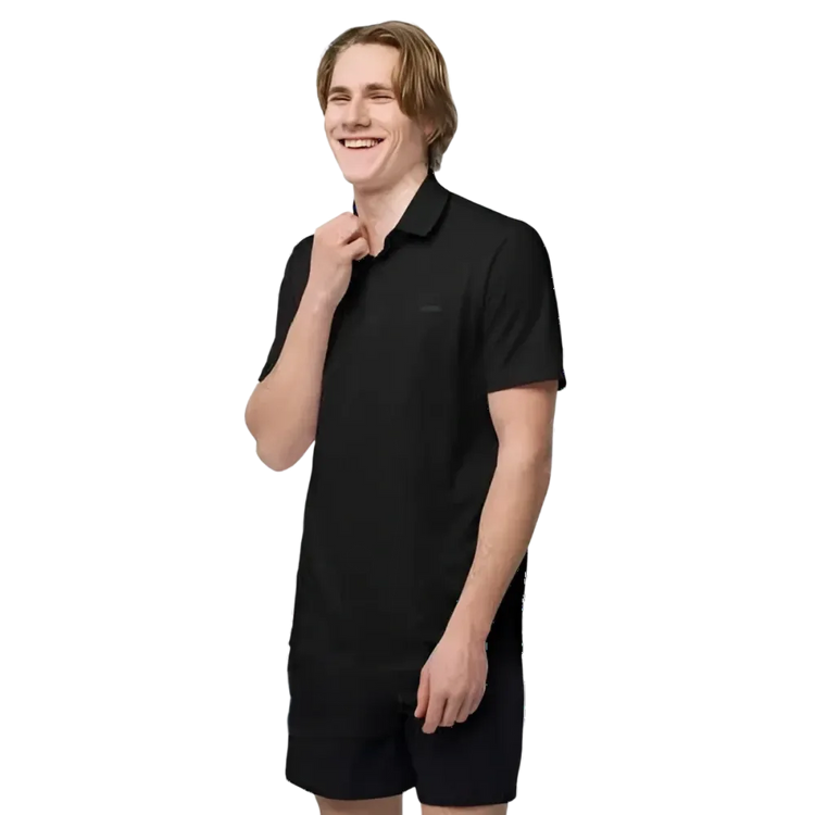 Adidas Unisex Poloshirt aus Polyester in Schwarz, atmungsaktives Kurzarm-Sportshirt, links vorne, bequem und sportlich.