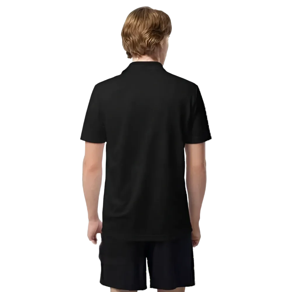 Schwarzes Adidas Unisex Poloshirt aus Polyester mit atmungsaktivem Kurzarmdesign, Blick auf die Rückseite, sportlich und bequem