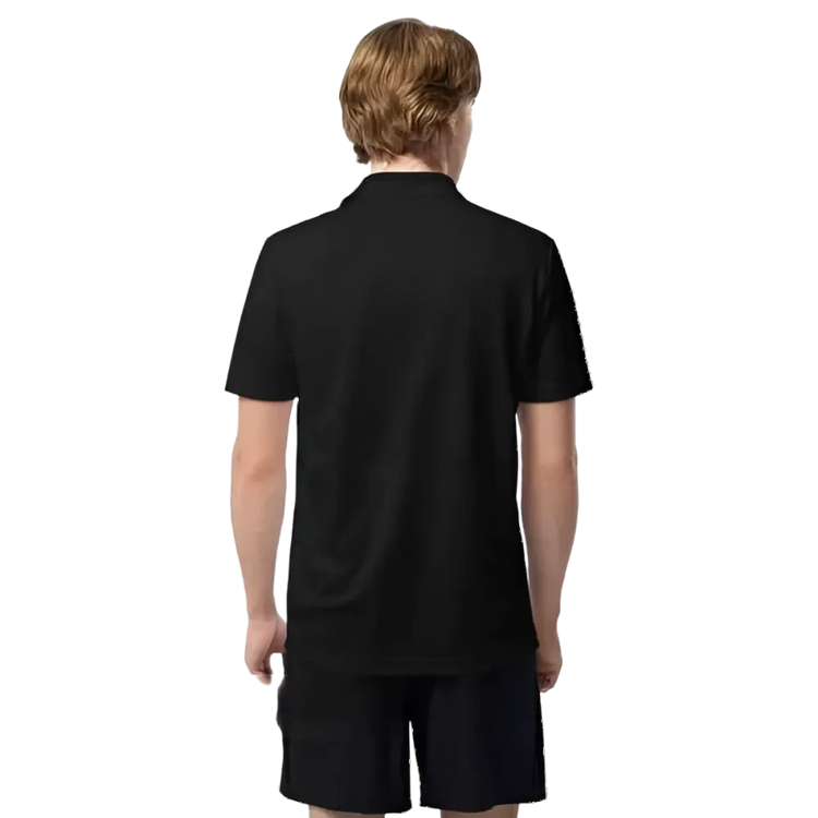 Schwarzes Adidas Unisex Poloshirt aus Polyester mit atmungsaktivem Kurzarmdesign, Blick auf die Rückseite, sportlich und bequem