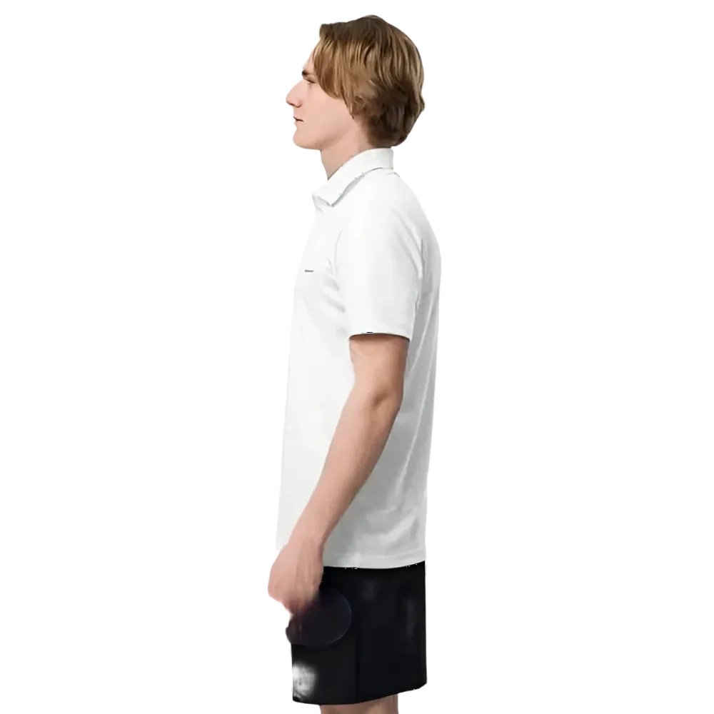 Weißes adidas Unisex Poloshirt mit schnelltrocknendem Stoff und engem Schnitt, Größe S bis 2XL, auf weißem Hintergrund.