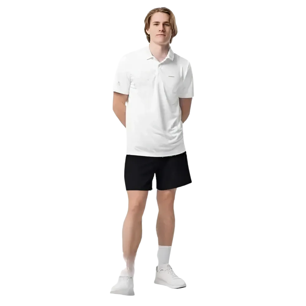 Weißes Adidas Unisex Poloshirt mit schnelltrocknendem Stoff und engem Schnitt, Größe S bis 2XL, frontal fotografiert.