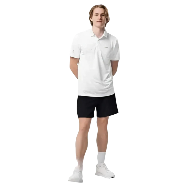 Weißes Adidas Unisex Poloshirt mit schnelltrocknendem Stoff und engem Schnitt, Größe S bis 2XL, frontal fotografiert.
