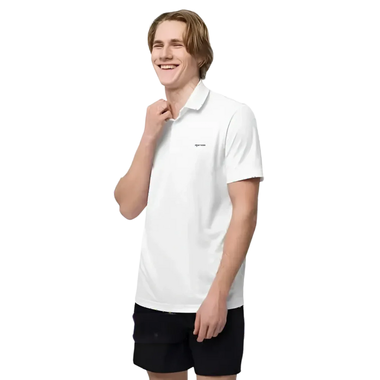 Weißes ADIDAS Unisex Poloshirt mit atmungsaktivem, schnelltrocknendem Stoff, linksseitig sichtbar, in S bis 2XL Größe.