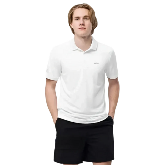 Weißes Adidas Unisex Poloshirt, atmungsaktiv und schnelltrocknend, frontansicht, in Größe S bis 2XL, für sportlichen Komfort.
